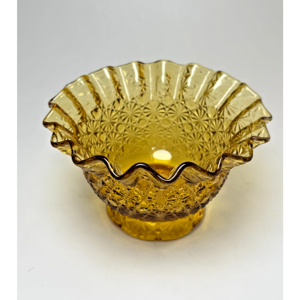 Vintage LE Smith Daisy & Button Yellow Amber Glass Bowl Ruffled Crimped Rim - Picture 2 of 4